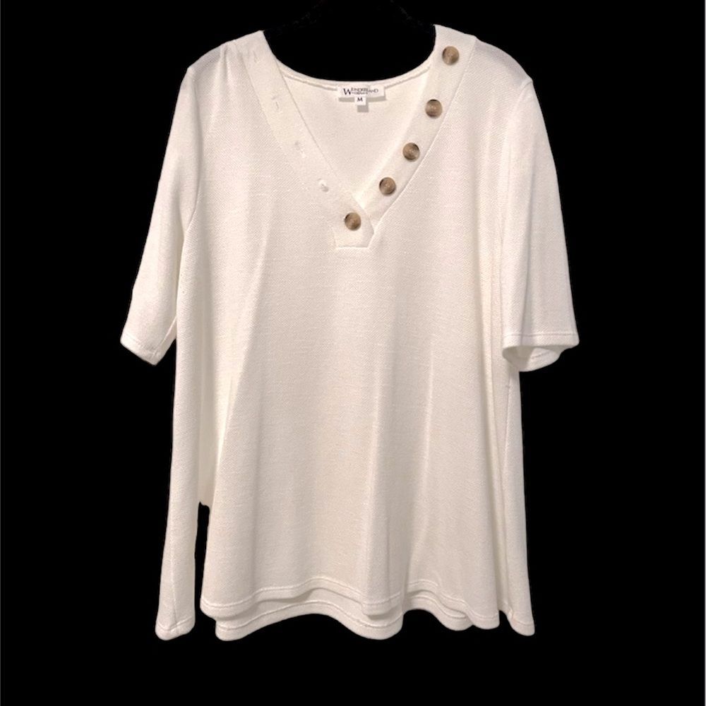 Wonderland By Orange White V-neck Waffle Knit Short Sleeve Blouse‎ Size Medium